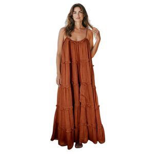 V.De.Vinster Rust Cotton Tiered Frill Maxi Dress Boho Lagenlook Sleeveless M